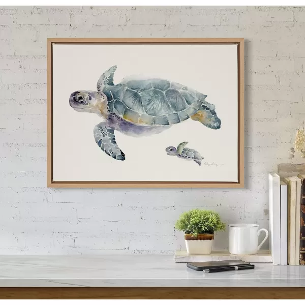 Kate and Laurel Sylvie Swim Along with Me Turtle Framed Linen Textured Canvas Wall Art by Cathy Zhang 18x24 Natural