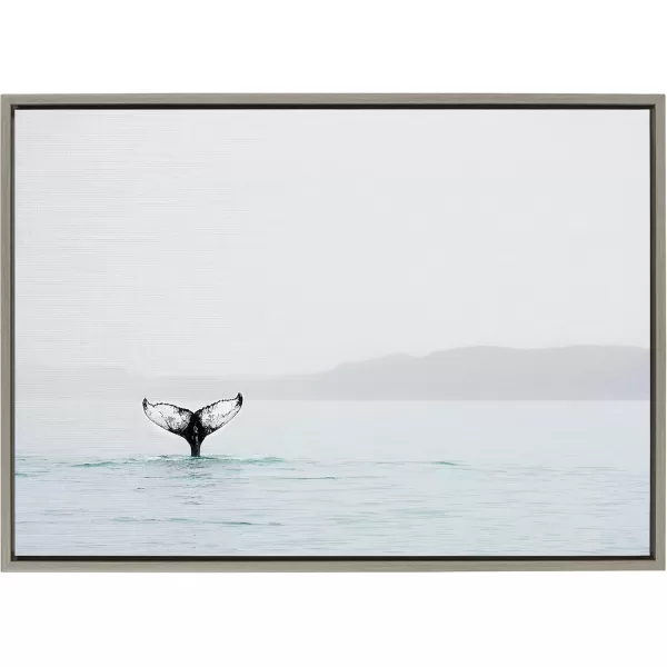 Kate and Laurel Sylvie Whale Tail in The Mist Framed Canvas Wall Art by Amy Peterson 23x33 Gray Coastal Animal Home DecorGrey