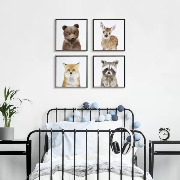 Kate and Laurel Sylvie Woodland Animals Collection Framed Canvas Wall Art by Amy Peterson Art Studio Set of 4 13x13 Gray Decorative Animal Art for Wall