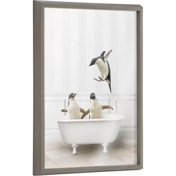 Kate and Laurel Blake Penguins Bathroom Framed Printed Glass Wall Art by Amy Peterson Art Studio 18x24 Gray Decorative Penguin Art Print for Wall