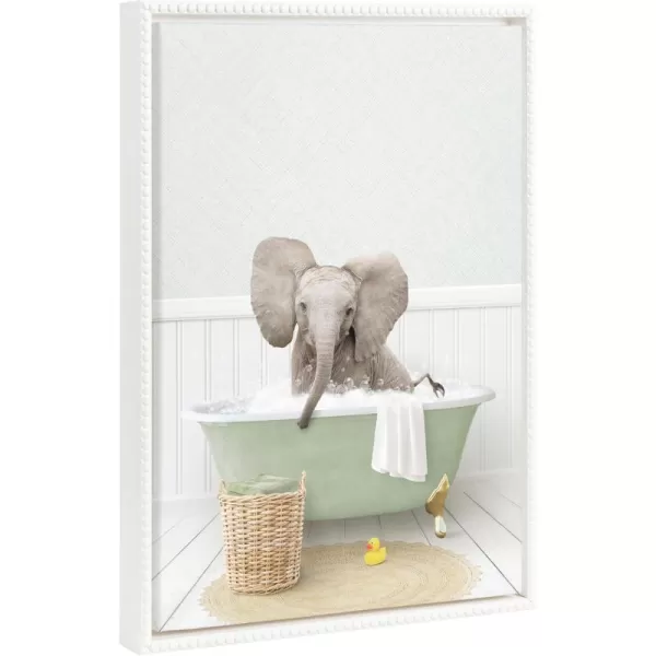 Kate and Laurel Sylvie Beaded Baby Elephant Big Ears in Cottage Bath Vintage Framed Canvas Wall Art by Amy Peterson 18x24 White Modern Fun Elephant Bathtub Wall Art for Home Dcor