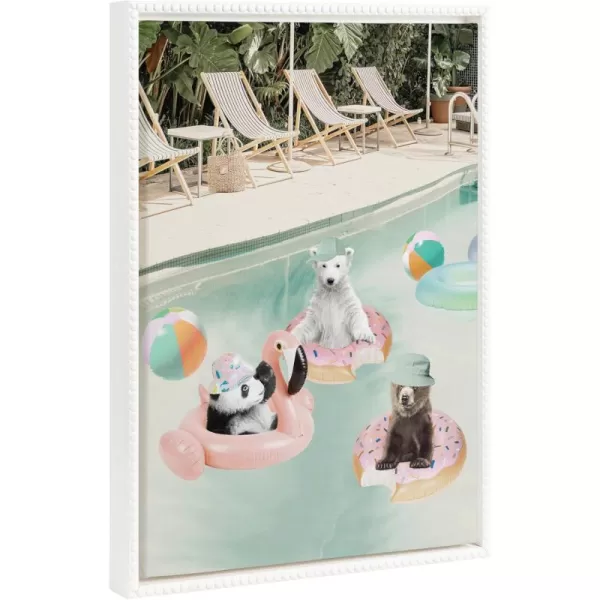 Kate and Laurel Sylvie Beaded Pool Party Vintage Framed Canvas Wall Art by July Art Prints 18x24 White Animal Pool House Wall Decor