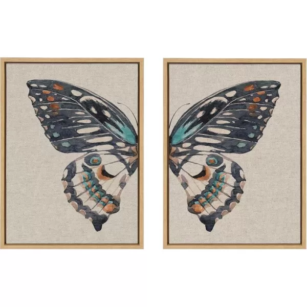 Kate and Laurel Sylvie Boho Butterfly Watercolor Diptych Neutral Linen Framed Canvas Wall Art Set by The Creative Bunch Studio 2 Piece 18x24 Natural Soft Animal Art for WallNatural