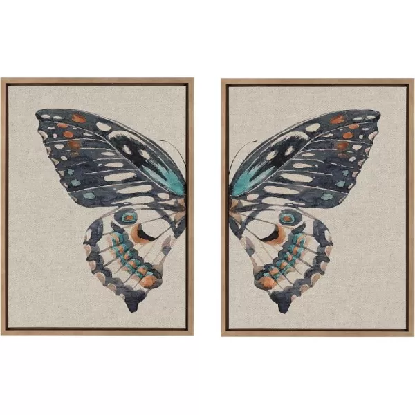 Kate and Laurel Sylvie Boho Butterfly Watercolor Diptych Neutral Linen Framed Canvas Wall Art Set by The Creative Bunch Studio 2 Piece 18x24 Natural Soft Animal Art for WallGold