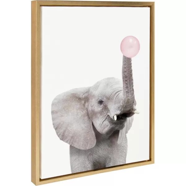 Kate and Laurel Sylvie Bubble Gum Elephant Framed Canvas Wall Art by Amy Peterson Art Studio 18x24 Gray Decorative Zoo Animal Art for WallGold