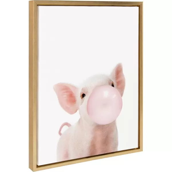 Kate and Laurel Sylvie Bubble Gum Piglet Framed Canvas Wall Art by Amy Peterson Art Studio 18x24 Natural Cute Whimsical Animal Art for WallGold