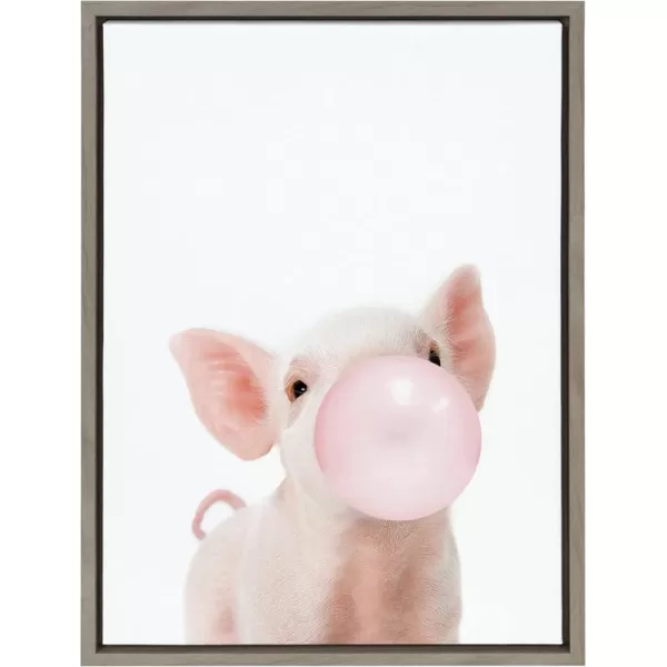 Kate and Laurel Sylvie Bubble Gum Piglet Framed Canvas Wall Art by Amy Peterson Art Studio 18x24 Natural Cute Whimsical Animal Art for WallGray