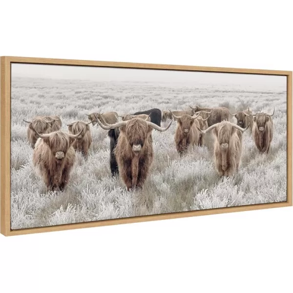 Kate and Laurel Sylvie Herd of Highland Cows Color Framed Canvas Wall Art by The Creative Bunch Studio 18x40 Natural Decorative Farmhouse Art for WallNatural