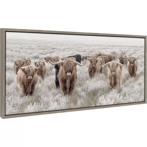 Kate and Laurel Sylvie Herd of Highland Cows Color Framed Canvas Wall Art by The Creative Bunch Studio 18x40 Natural Decorative Farmhouse Art for WallGray