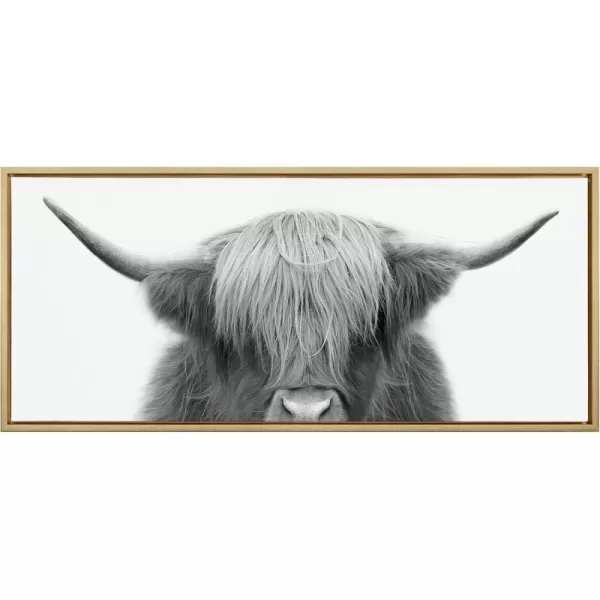 Kate and Laurel Sylvie Hey Dude Highland Cow Framed Canvas Wall Art by The Creative Bunch Studio 18x40 Natural Farmhouse Rustic Panel Art for WallGold