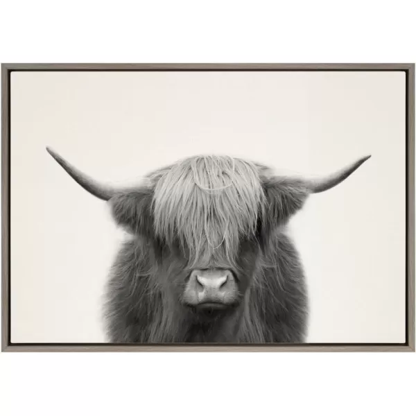 Kate and Laurel Sylvie Hey Dude Highland Cow Framed Canvas Wall Art by The Creative Bunch Studio 18x40 Natural Farmhouse Rustic Panel Art for WallGrey