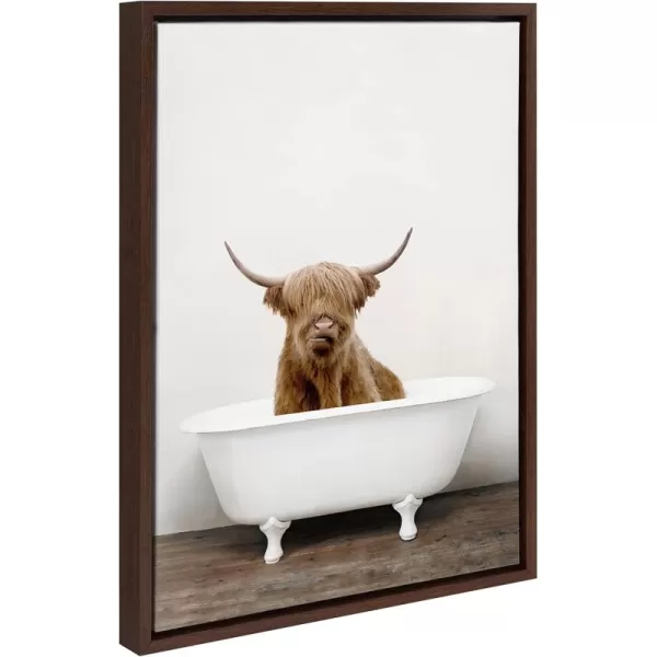 Kate and Laurel Sylvie Highland Cow in Tub Color Framed Canvas Wall Art by Amy Peterson Art Studio 23 x 33 Natural Rustic Farmhouse Bathroom Laundry Room ArtWalnut