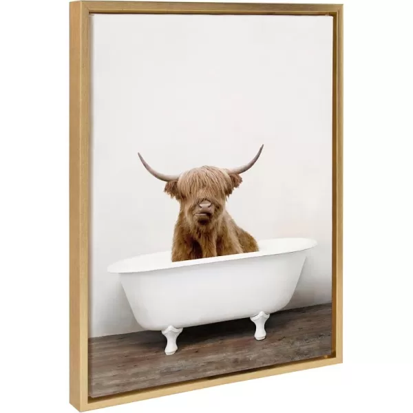 Kate and Laurel Sylvie Highland Cow in Tub Color Framed Canvas Wall Art by Amy Peterson Art Studio 23 x 33 Natural Rustic Farmhouse Bathroom Laundry Room ArtBright Gold