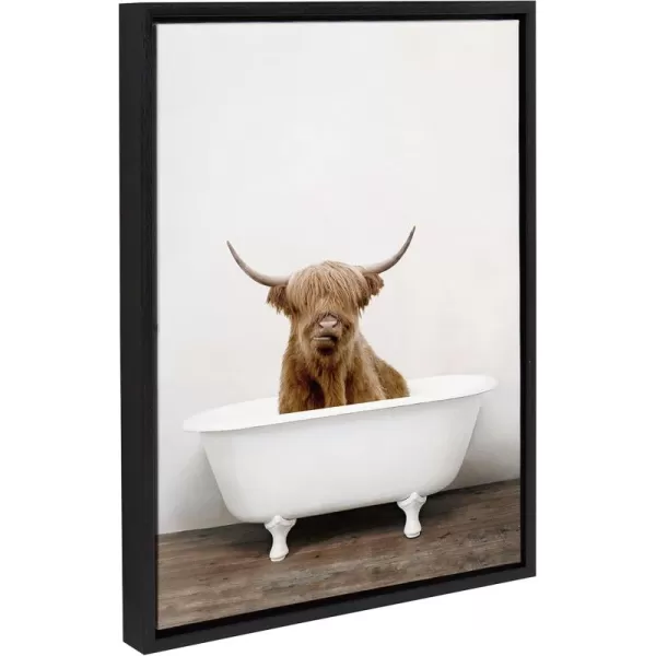 Kate and Laurel Sylvie Highland Cow in Tub Color Framed Canvas Wall Art by Amy Peterson Art Studio 23 x 33 Natural Rustic Farmhouse Bathroom Laundry Room ArtBlack