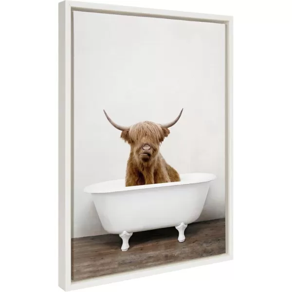 Kate and Laurel Sylvie Highland Cow in Tub Color Framed Canvas Wall Art by Amy Peterson Art Studio 23 x 33 Natural Rustic Farmhouse Bathroom Laundry Room ArtWhite