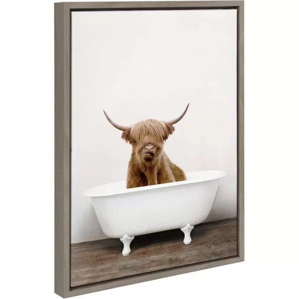 Kate and Laurel Sylvie Highland Cow in Tub Color Framed Canvas Wall Art by Amy Peterson Art Studio 23 x 33 Natural Rustic Farmhouse Bathroom Laundry Room ArtGray