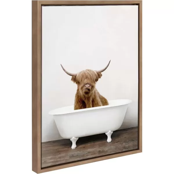 Kate and Laurel Sylvie Highland Cow in Tub Color Framed Canvas Wall Art by Amy Peterson Art Studio 23 x 33 Natural Rustic Farmhouse Bathroom Laundry Room ArtGold