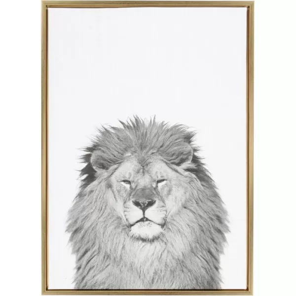 Kate and Laurel Sylvie Lion Animal Print Black and White Portrait Framed Canvas Wall Art by Simon Te Tai 18x24 GrayGold