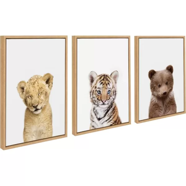 Kate and Laurel Sylvie Lions and Tigers and Bears Framed Canvas Wall Art by Amy Peterson Set of 3 18x24 Gray Cute Baby Animal Art for Nursery and Other DecorNatural