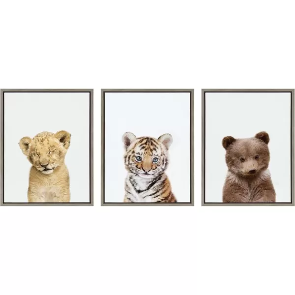 Kate and Laurel Sylvie Lions and Tigers and Bears Framed Canvas Wall Art by Amy Peterson Set of 3 18x24 Gray Cute Baby Animal Art for Nursery and Other DecorGrey