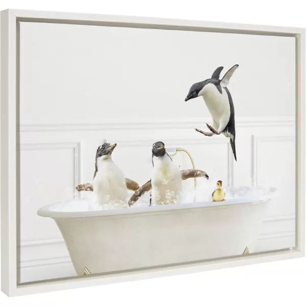 Kate and Laurel Sylvie Penguins In Bubble Bath Neutral Style Framed Canvas Wall Art by Amy Peterson Art Studio 18x24 White Adorable Animal Art for Wall Bathroom Wall DcorWhite