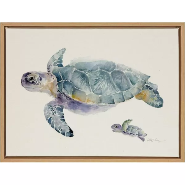 Kate and Laurel Sylvie Swim Along with Me Turtle Framed Linen Textured Canvas Wall Art by Cathy Zhang 18x24 Natural