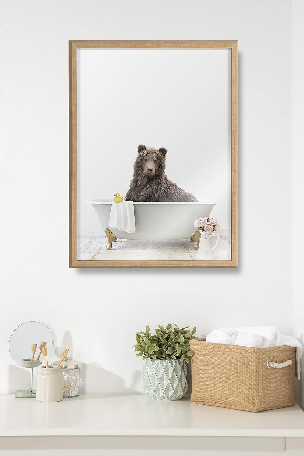 Kate and Laurel Blake Bear Cottage Bathroom Framed Printed Glass Wall Art by Amy Peterson Art Studio 18x24 Natural Decorative Animal Bath Art for Wall