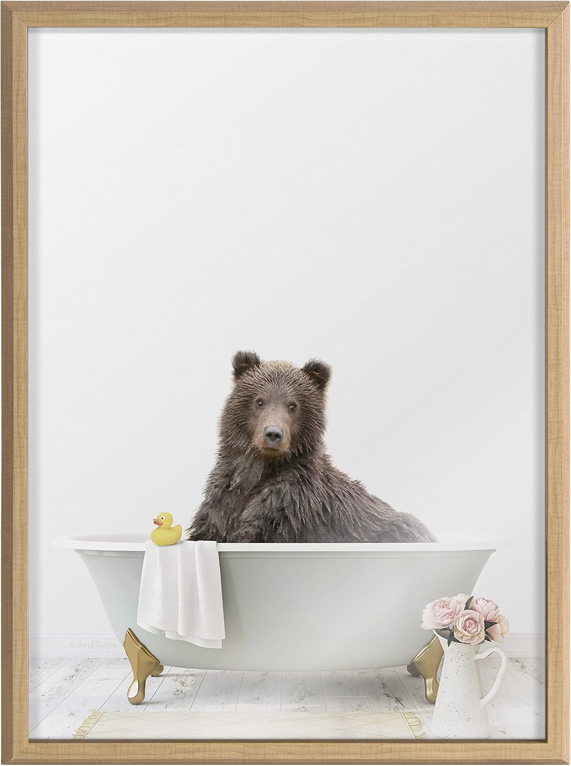 Kate and Laurel Blake Bear Cottage Bathroom Framed Printed Glass Wall Art by Amy Peterson Art Studio 18x24 Natural Decorative Animal Bath Art for Wall