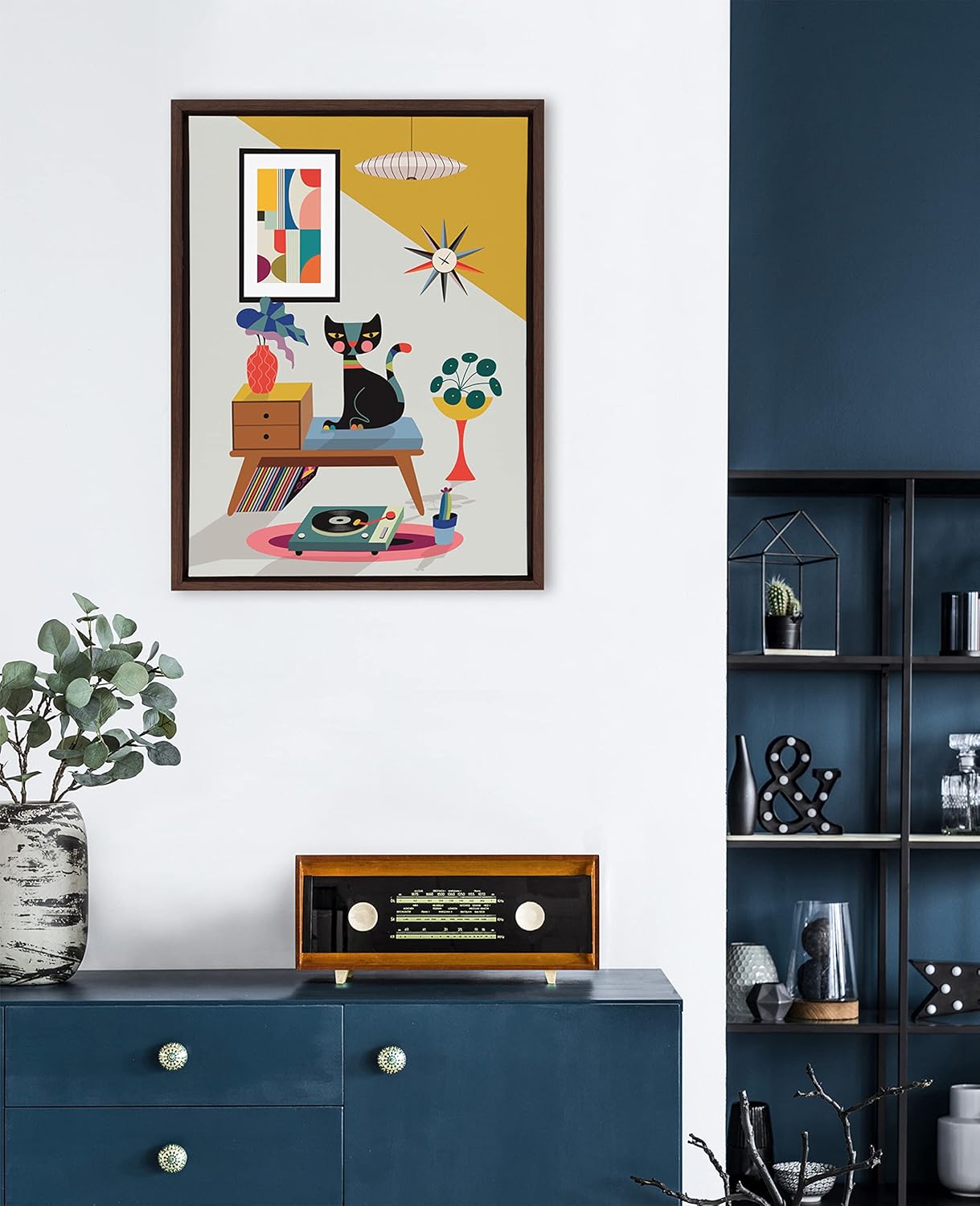 Kate and Laurel Sylvie Record Player Framed Canvas Wall Art by Rachel Lee of My Dream Wall 18x24 Natural Decorative Colorful Boho Art Print for WallBrown
