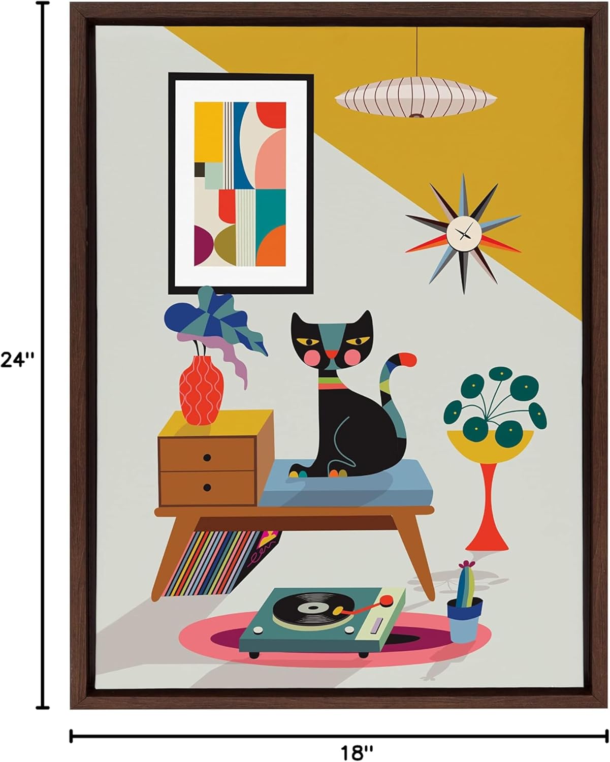 Kate and Laurel Sylvie Record Player Framed Canvas Wall Art by Rachel Lee of My Dream Wall 18x24 Natural Decorative Colorful Boho Art Print for WallBrown
