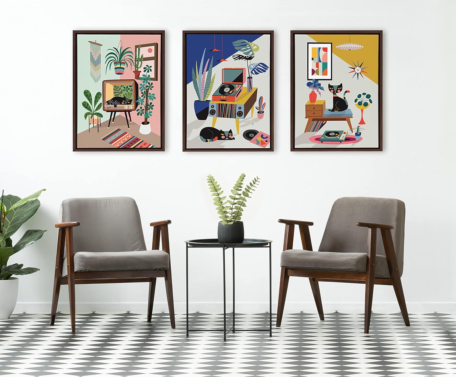 Kate and Laurel Sylvie Record Player Framed Canvas Wall Art by Rachel Lee of My Dream Wall 18x24 Natural Decorative Colorful Boho Art Print for WallBrown