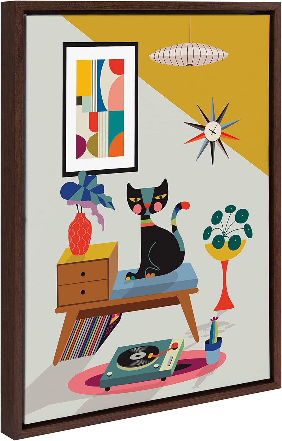 Kate and Laurel Sylvie Record Player Framed Canvas Wall Art by Rachel Lee of My Dream Wall 18x24 Natural Decorative Colorful Boho Art Print for WallBrown