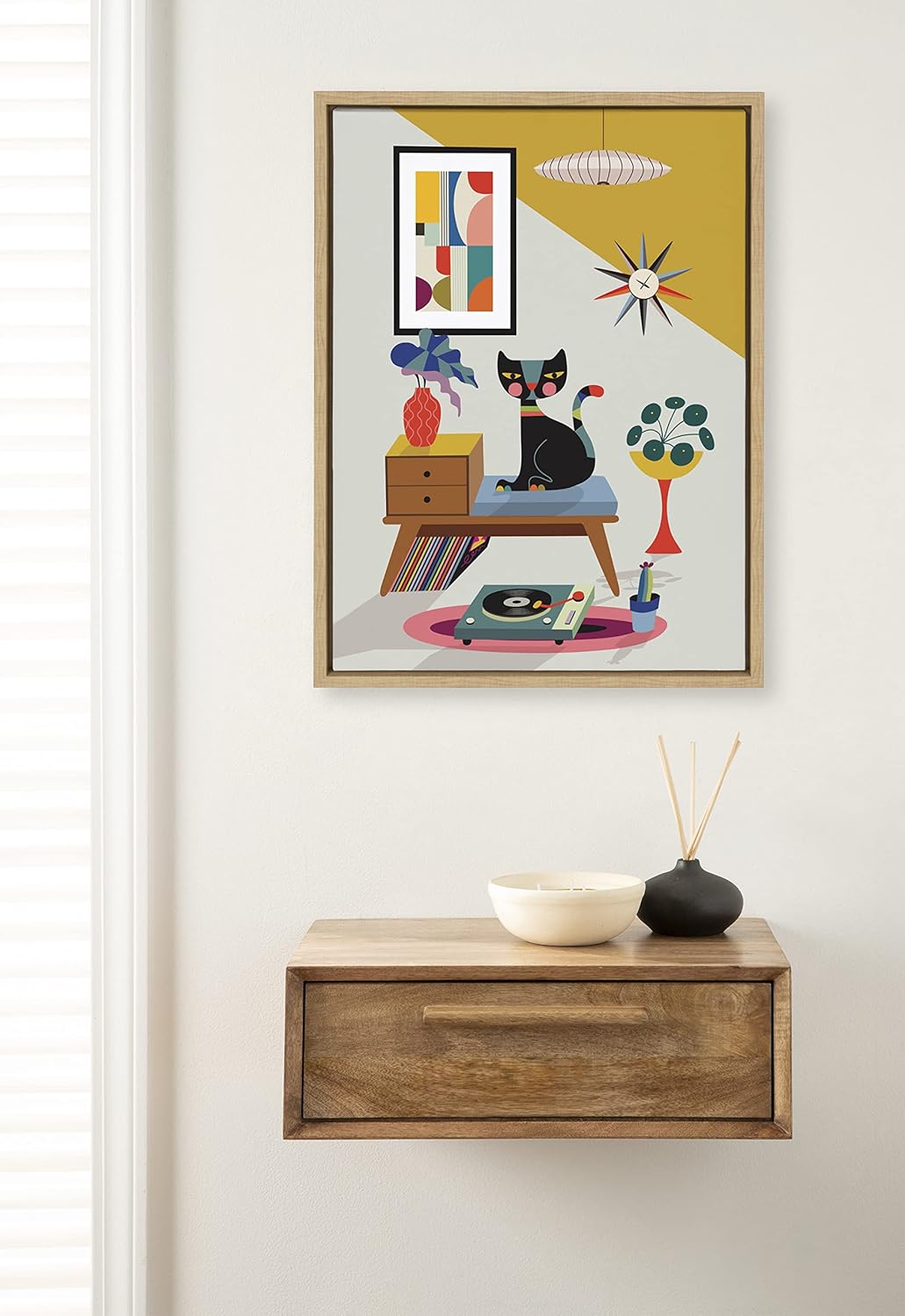 Kate and Laurel Sylvie Record Player Framed Canvas Wall Art by Rachel Lee of My Dream Wall 18x24 Natural Decorative Colorful Boho Art Print for WallNatural