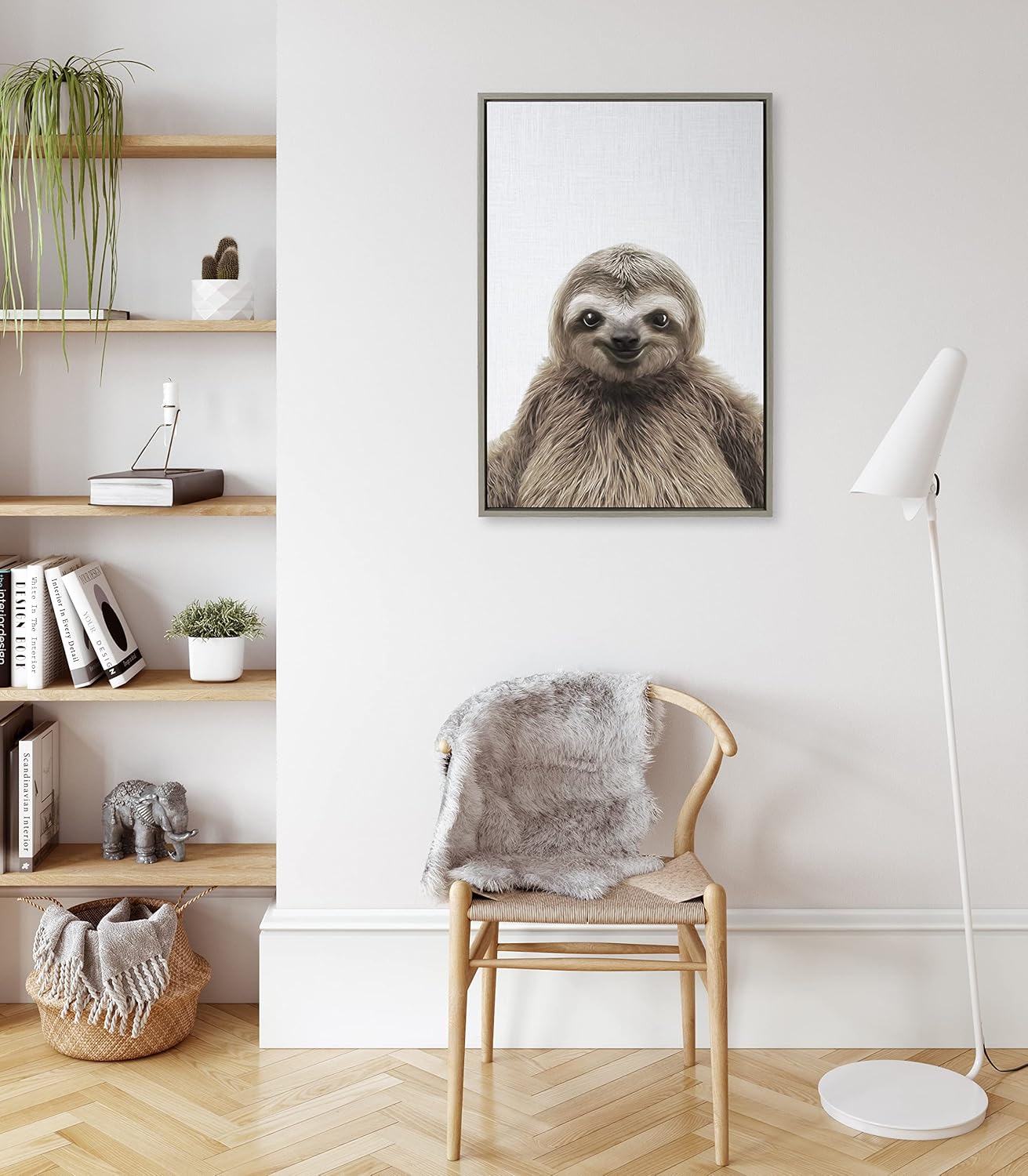 Kate and Laurel Sylvie Sloth Color Framed Canvas Wall Art by Simon Te of Tai Prints 23x33 Gray Modern Cute Animal Portrait for Wall DecorGray