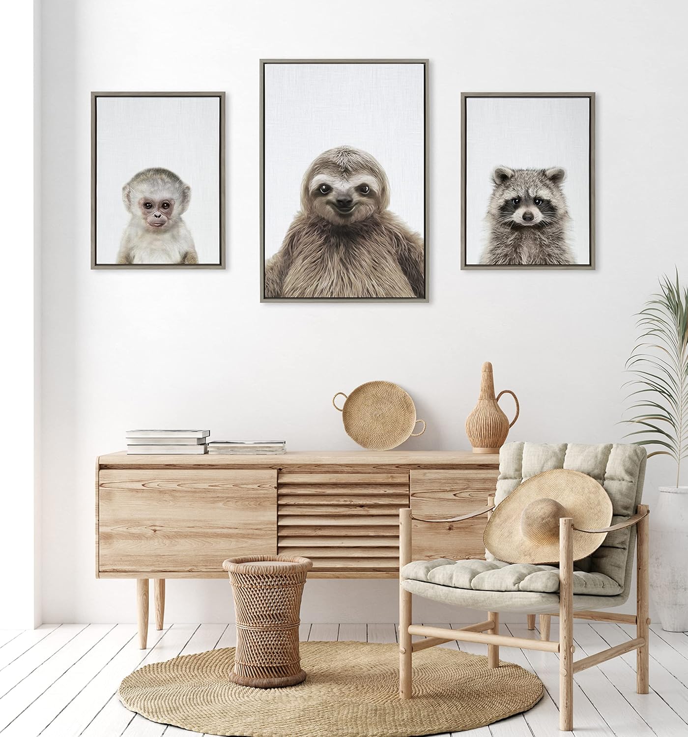 Kate and Laurel Sylvie Sloth Color Framed Canvas Wall Art by Simon Te of Tai Prints 23x33 Gray Modern Cute Animal Portrait for Wall DecorGray