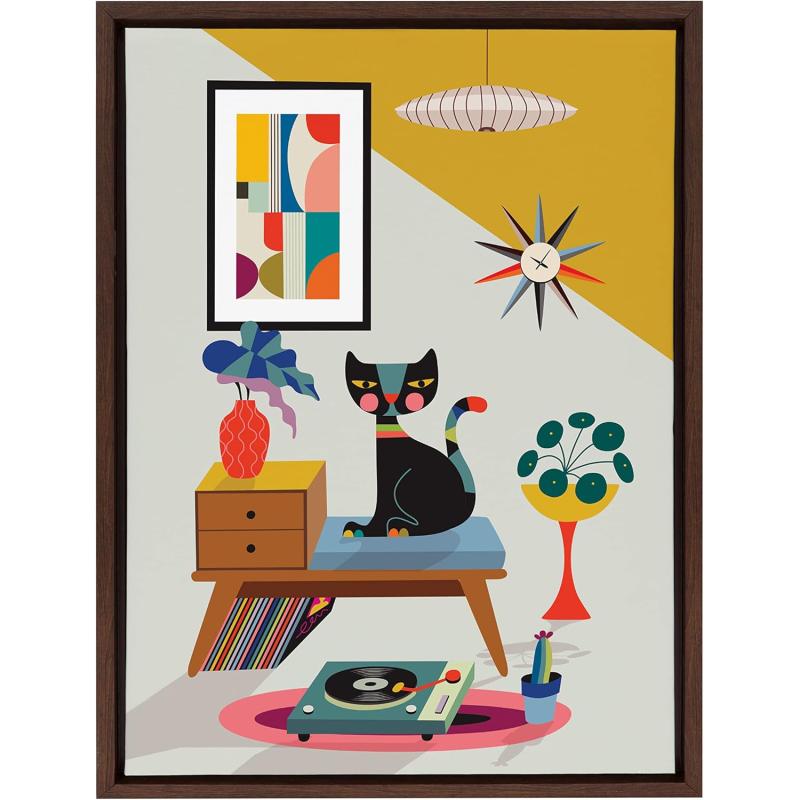 Kate and Laurel Sylvie Record Player Framed Canvas Wall Art by Rachel Lee of My Dream Wall 18x24 Natural Decorative Colorful Boho Art Print for WallBrown