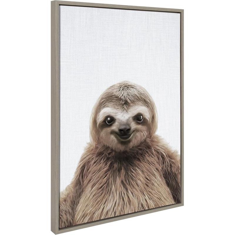 Kate and Laurel Sylvie Sloth Color Framed Canvas Wall Art by Simon Te of Tai Prints 23x33 Gray Modern Cute Animal Portrait for Wall DecorGray