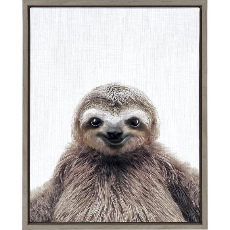 Kate and Laurel Sylvie Sloth Color Framed Canvas Wall Art by Simon Te of Tai Prints 23x33 Gray Modern Cute Animal Portrait for Wall DecorGrey