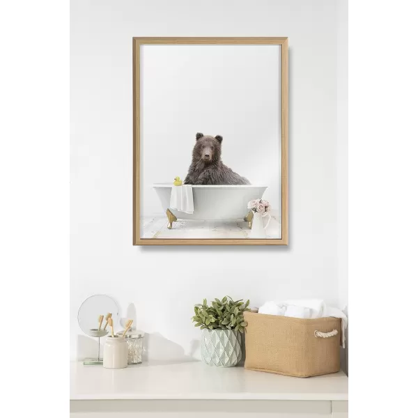 Kate and Laurel Blake Bear Cottage Bathroom Framed Printed Glass Wall Art by Amy Peterson Art Studio 18x24 Natural Decorative Animal Bath Art for Wall