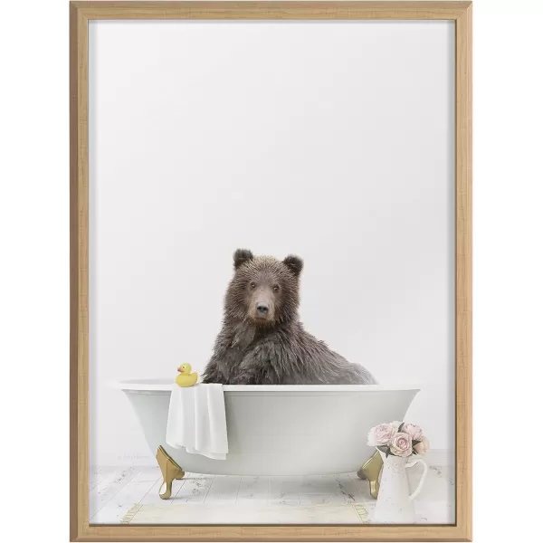 Kate and Laurel Blake Bear Cottage Bathroom Framed Printed Glass Wall Art by Amy Peterson Art Studio 18x24 Natural Decorative Animal Bath Art for Wall