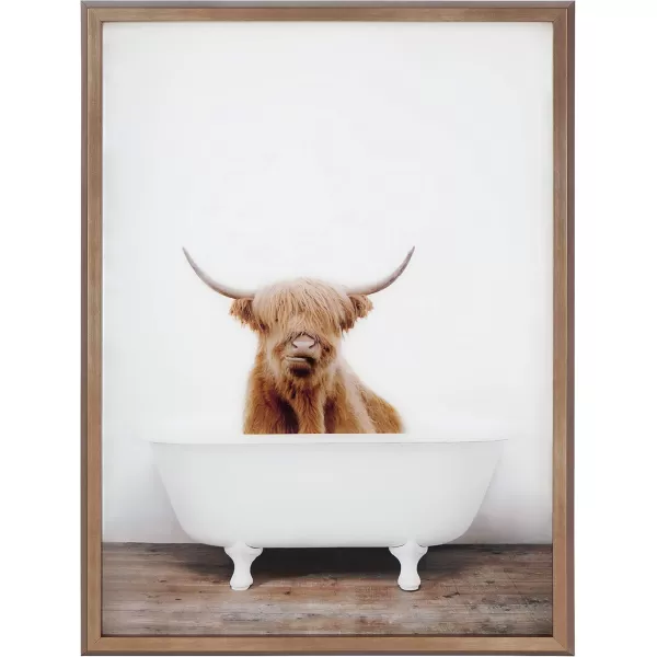 Kate and Laurel Blake Highland Cow in Tub Framed Printed Glass Art by Amy Peterson 18x24 Dark Gold Beautiful Modern Glass Wall Art for HomeGold