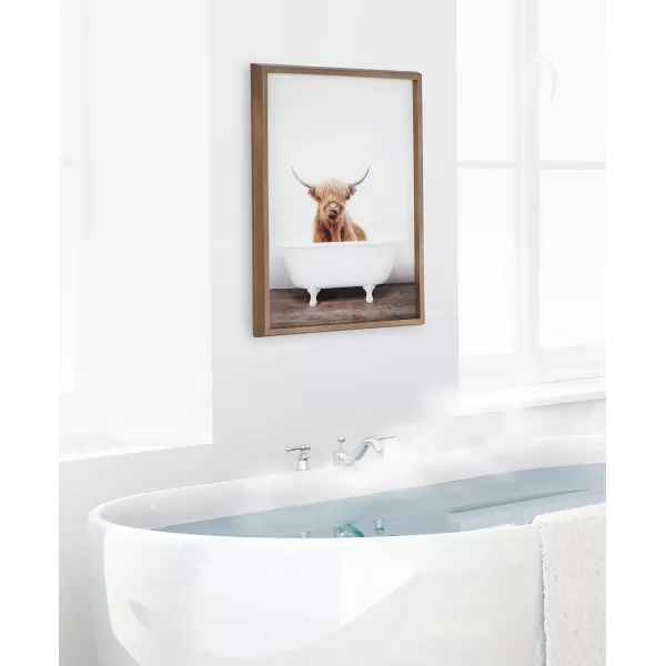 Kate and Laurel Blake Highland Cow in Tub Framed Printed Glass Art by Amy Peterson 18x24 Dark Gold Beautiful Modern Glass Wall Art for HomeGold