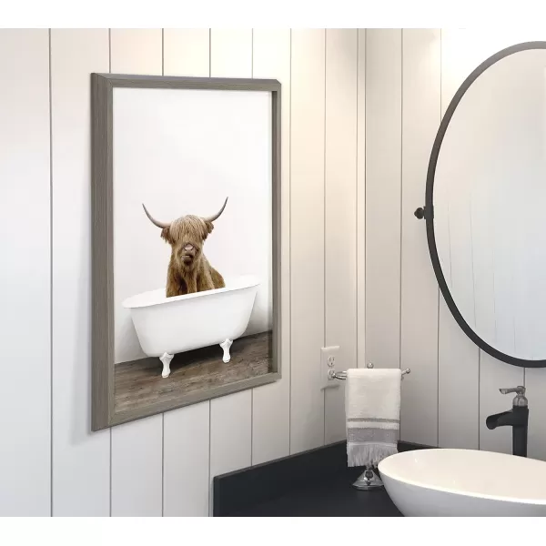 Kate and Laurel Blake Highland Cow in Tub Framed Printed Glass Art by Amy Peterson 18x24 Dark Gold Beautiful Modern Glass Wall Art for HomeGrey