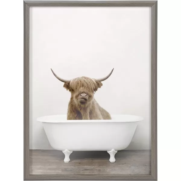 Kate and Laurel Blake Highland Cow in Tub Framed Printed Glass Art by Amy Peterson 18x24 Dark Gold Beautiful Modern Glass Wall Art for HomeGrey