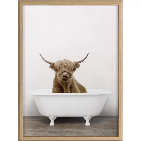 Kate and Laurel Blake Highland Cow in Tub Framed Printed Glass Art by Amy Peterson 18x24 Dark Gold Beautiful Modern Glass Wall Art for HomeNatural