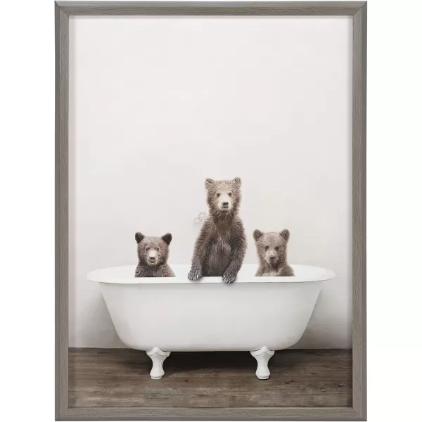 Kate and Laurel Blake Three Little Bears in Vintage Bathtub Framed Printed Glass Wall Art by Amy Peterson 18x24 Gray Adorable Woodland Animal Art for WallGray