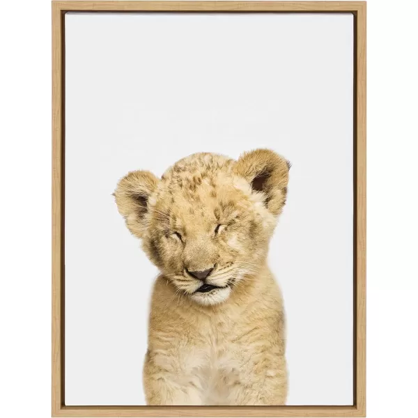 Kate and Laurel Sylvie Animal Studio Sleepy Lion Framed Canvas Wall Art by Amy Peterson Art Studio 18x24 Natural Whimsical Fun Animal Nursery Art for WallNatural