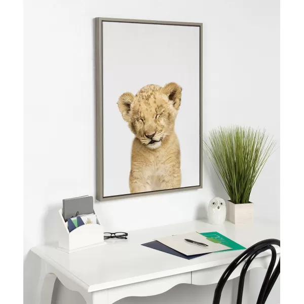 Kate and Laurel Sylvie Animal Studio Sleepy Lion Framed Canvas Wall Art by Amy Peterson Art Studio 18x24 Natural Whimsical Fun Animal Nursery Art for WallGray