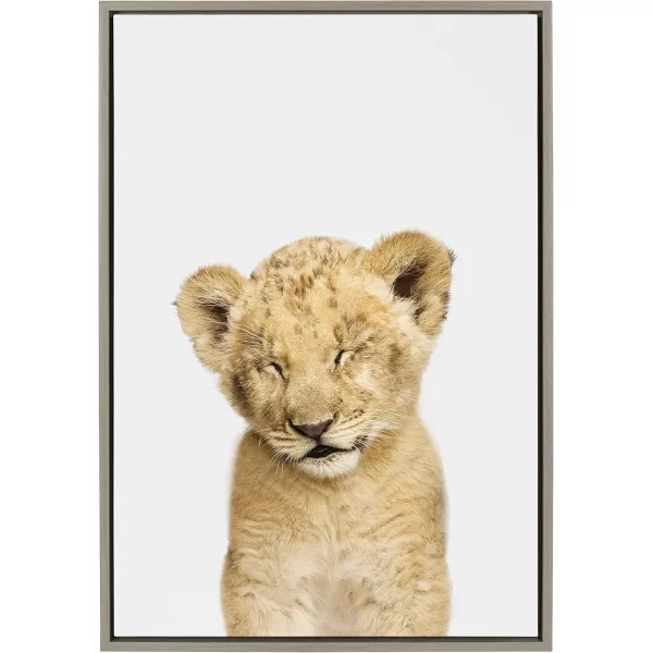 Kate and Laurel Sylvie Animal Studio Sleepy Lion Framed Canvas Wall Art by Amy Peterson Art Studio 18x24 Natural Whimsical Fun Animal Nursery Art for WallGray