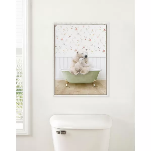 Kate and Laurel Sylvie Beaded Mother and Baby Polar Bear in Country Cottage Bath Vintage Framed Canvas Wall Art by Amy Peterson 18x24 White Modern Cute Animal Bathtub Art for Wall